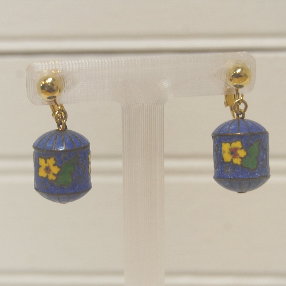Vintage Vogue Jewelry Cloisonné earrings Dangle Clip-on Blue Floral design